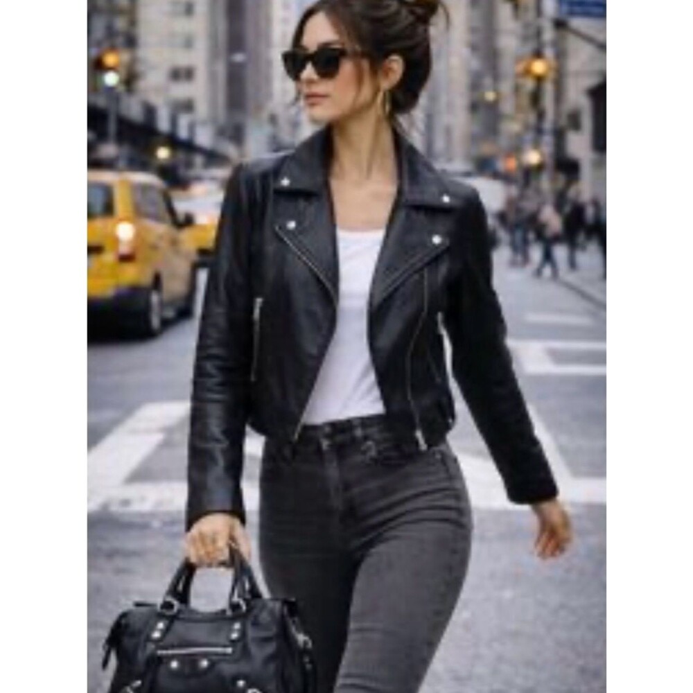 Cupcakes and Cashmere Francie Faux Leather Black Moto Bomber Jacket Size M